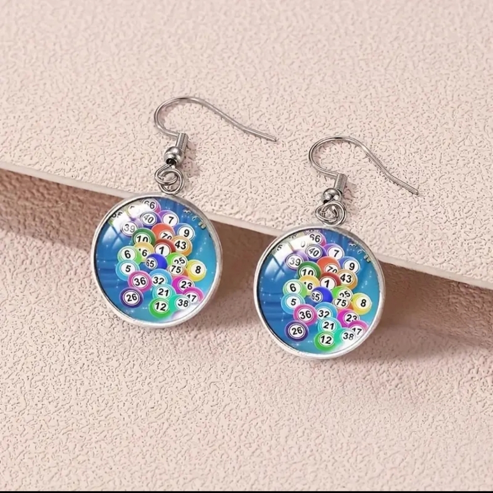 BINGO Round Dangle Earrings silvertone NWT